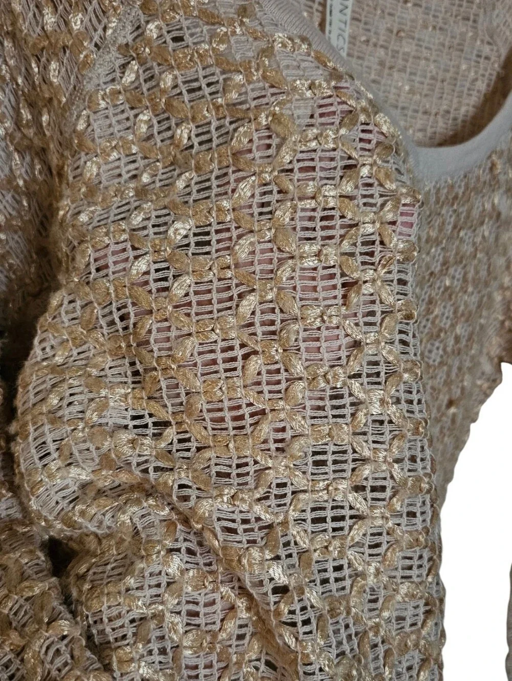 Free People New Romantics Joan of Arc Gold Cream Weave Mesh V-neck Coverup Large - Picture 9 of 12